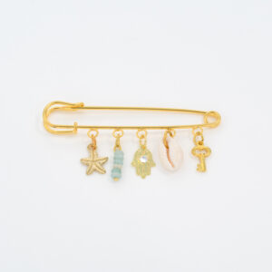 סיכה מוזהבת,קונכייה חרוזי אגת בגווני תורכיז